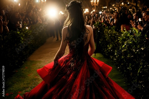 Back view of a female actress wearing a very long dress at the gala dinner. A female actress wearing a luxurious party dress walks on the red carpet photo
