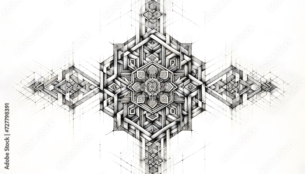 Fototapeta premium A traditional Korean ink wash painting (Sumukhwa) Geometric, Abstract, Monochrome, Symmetry, Black and White, Intricate, Architectural drawings, 3D illusion, Optical illusion, Tessellation, Line art, 
