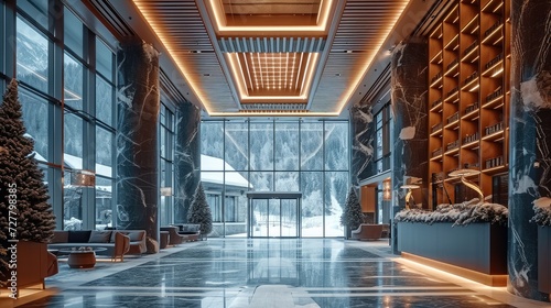 Luxury hotel lobby with stone floors, Heavy outdoor snow. Generative AI.
