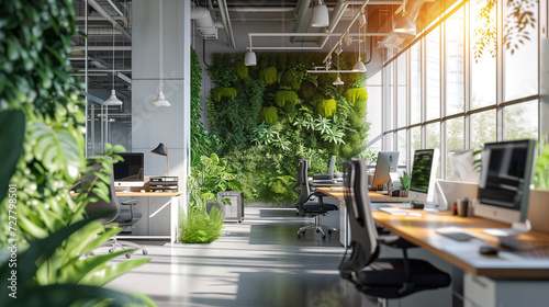 Modern computer on table in office interior. Stylish workplace with vertical garden. Generative AI
