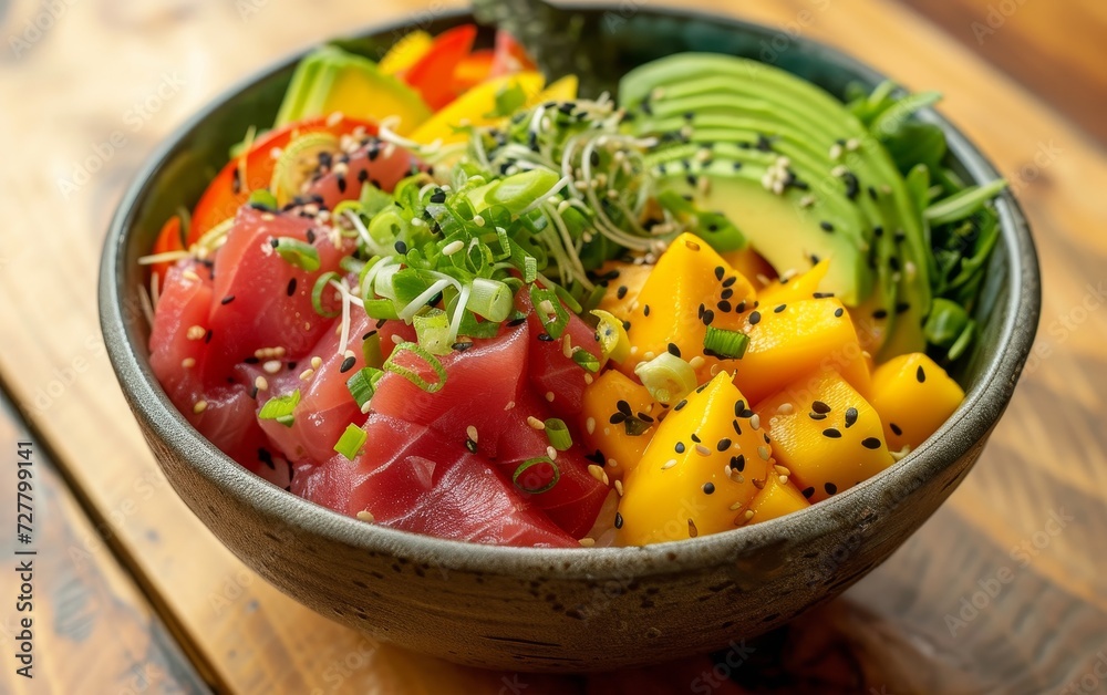 A harmonious blend of sushi-grade tuna, ripe mango, and creamy avocado in a poke bowl, sprinkled with sesame seeds.