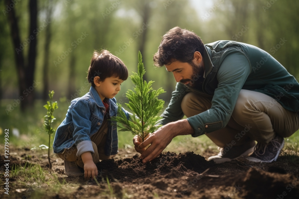 Father and son planting a tree in the park, little boy helping his father plant a tree while working together on a sunny spring day, Earth Day Father and son planting a tree in the park, little boy helping his father plant a tree while working together on a sunny spring day, Earth Day