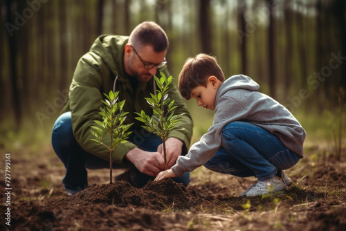 Father and son planting a tree in the park, little boy helping his father plant a tree while working together on a sunny spring day, Earth Day