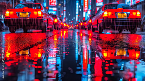 Fényképezés Taxi cabs reflect on a wet city street at night, creating a vibrant scene with r