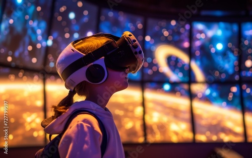 Kid in a VR workshop exploring the wonders of space, simulating a journey through the cosmos.