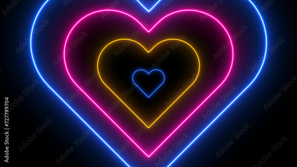  Radial Concentric Beating Heart Icon with Pink Neon Light Effect Isolated on Black Background. Valentines day design element. Glowing neon heart.