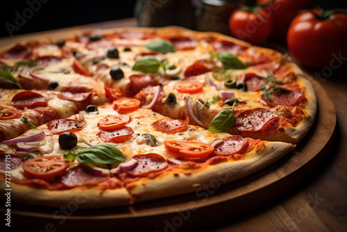 Slice of Heaven: Freshly Baked Pizza Laden with Various Toppings, Expertly Sliced into Irresistible Pieces Ready to Satisfy Every Palate
