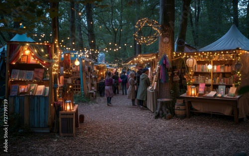 People strolling through a twilight Christmas market adorned with festive lights and decorations.