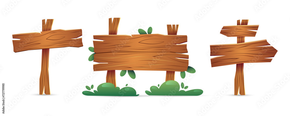 Wooden boards in cartoon style. Sets of rustic boards, arrow sign indicating direction. Vector illustration isolated on a white background Wooden boards in cartoon style. Sets of rustic boards, arrow sign indicating direction. Vector illustration isolated on a white background