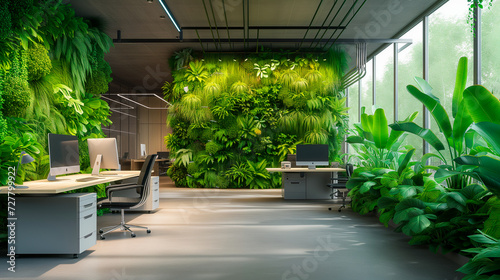 Modern computer on table in office interior. Stylish workplace with vertical garden. Generative AI
