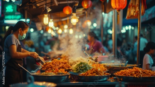 Street vendor serves a variety of local dishes at a vibrant night market, illuminated by warm lights amidst the bustling crowd.