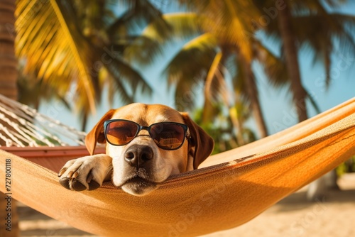 dog wearing sunglasses lying in hammock on tropical beach © Obsidian