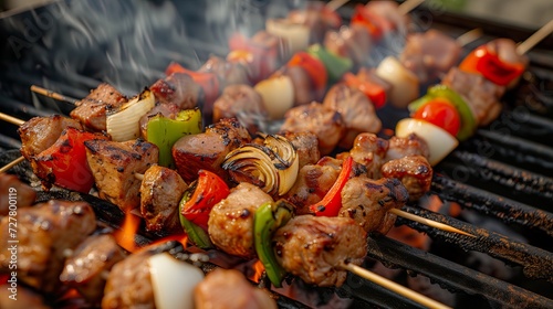 Barbecue skewers with pork meats and vegetables over an open grill