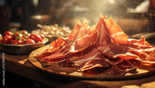 Recreation of spanish ham in a wood plate photo