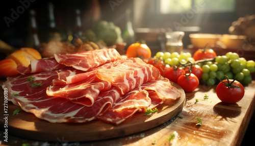 Still life of ham with fruits and vegetables photo