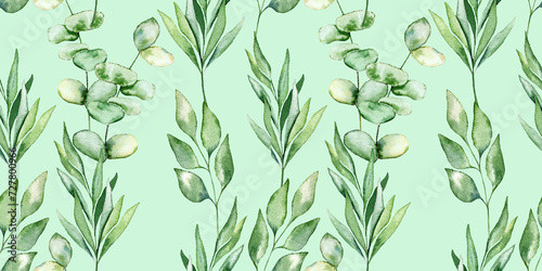 Watercolor seamless pattern eucalyptus leaves light green floral botany design textile  wallpaper