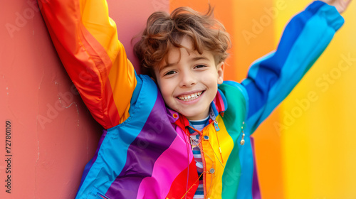 A fashion boy in a rainbow jacket smiling.
