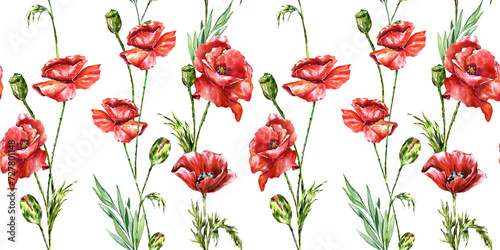 Red wild flowers poppies seamless watercolor pattern textile design  wrapping paper  floral  leaves