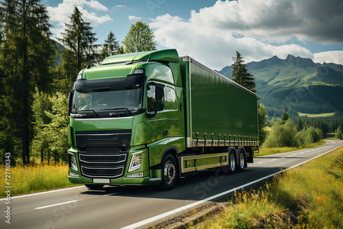 Heading towards delivery, massive truck colored in green, carries commercial cargo on a road flanked by picturesque summer forest