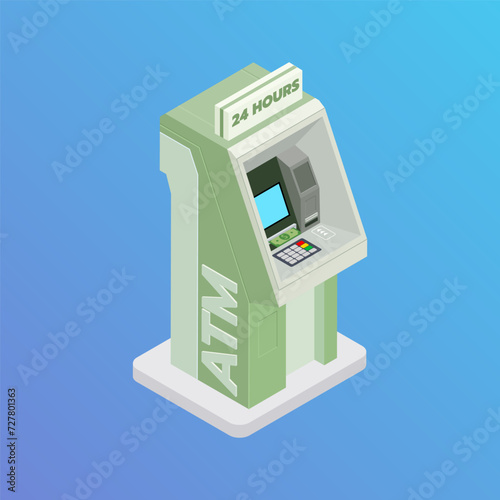 ATM Machine with Cash and Card in Bank, Money, and Finance Technology Scene.