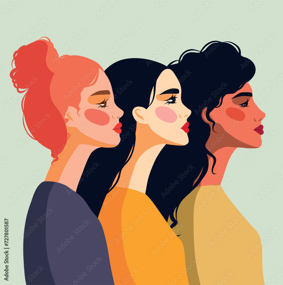 Vector banner for International Women's Day, three women of different ethnic groups standing next to each other. Concept movement for gender equality and women's empowerment