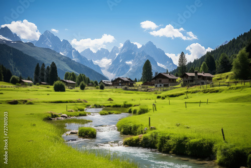 Village near river in green valley against the background of mountains  Rural landscape