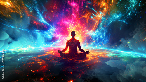person meditating in a cosmic space with vibrant colors and swirling energy around them, portraying peace and mindfulness
