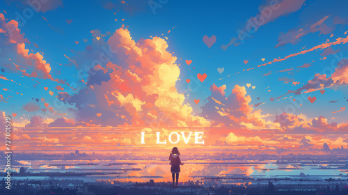 Pixel Art Sunset with Heart-Shaped Clouds and Romantic Message