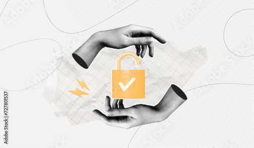 Trendy Halftone Collage Data is securely protected. Hands with padlock. Cyber security network. Confidentiality of personal information. Innovation technology. Contemporary vector illustration art