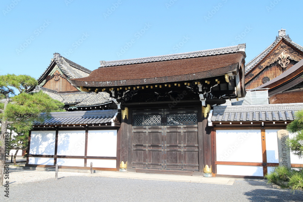 Shoin Gate in Nishi Hongwanji Temple, Kyoto, Japan (Japanese words on the stone statue mean Shoin Gate in Nishi Hongwanji Temple, Kyoto, Japan (Japanese words on the stone statue mean