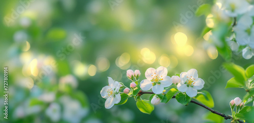 Spring nature freshness background, Flowering cherry apple tree branch in spring garden with bright white flowers on green bokeh background