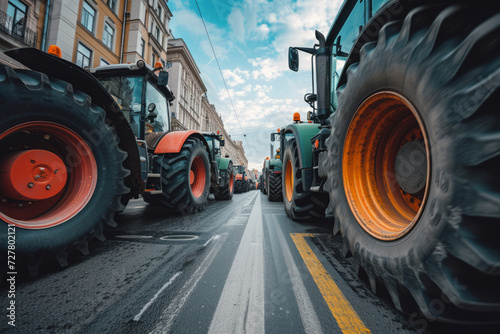 Heavy agricultural machinery in city, Tractors block traffic on street, Farmers protest, Demonstration due to economic problems