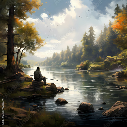 A man fishing on a tranquil riverbank. 