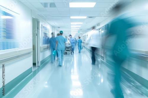 Doctors and medical staff walk down in hospital, Busy corridor in medical clinic with motion blur effect