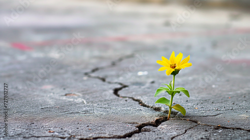single yellow flower blooms through a crack in a gray concrete surface, symbolizing resilience and hope © weerasak