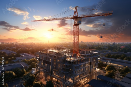 Construction tower cranes in the backdrop of construction and beautiful sunrise sky with clouds