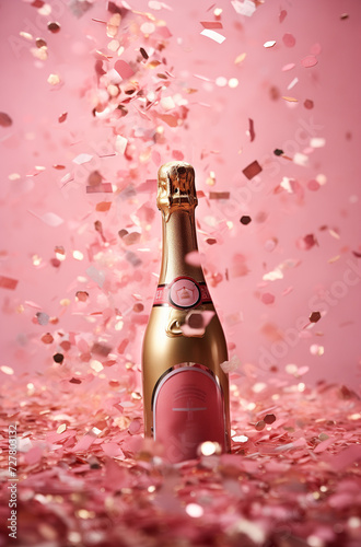 Bottle of champagne with confetti in front of a pink background. Party concept.