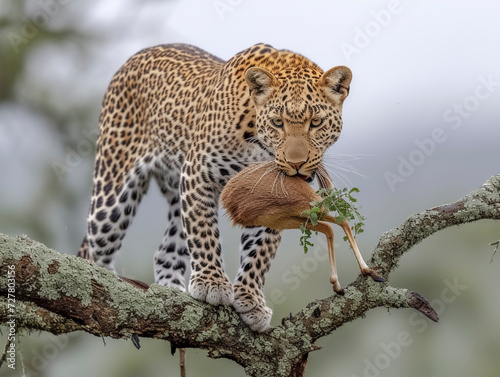 Leopard (Panthera pardus) in a natural environment on a tree eating a gazelle, Africa, AI generated photo