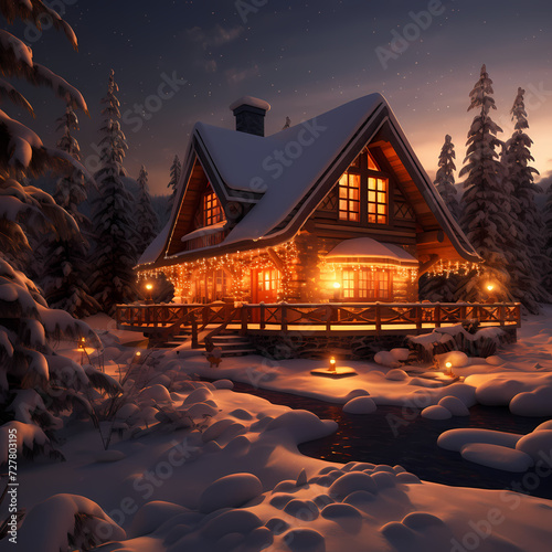A cozy cabin covered in snow with a warm glow inside