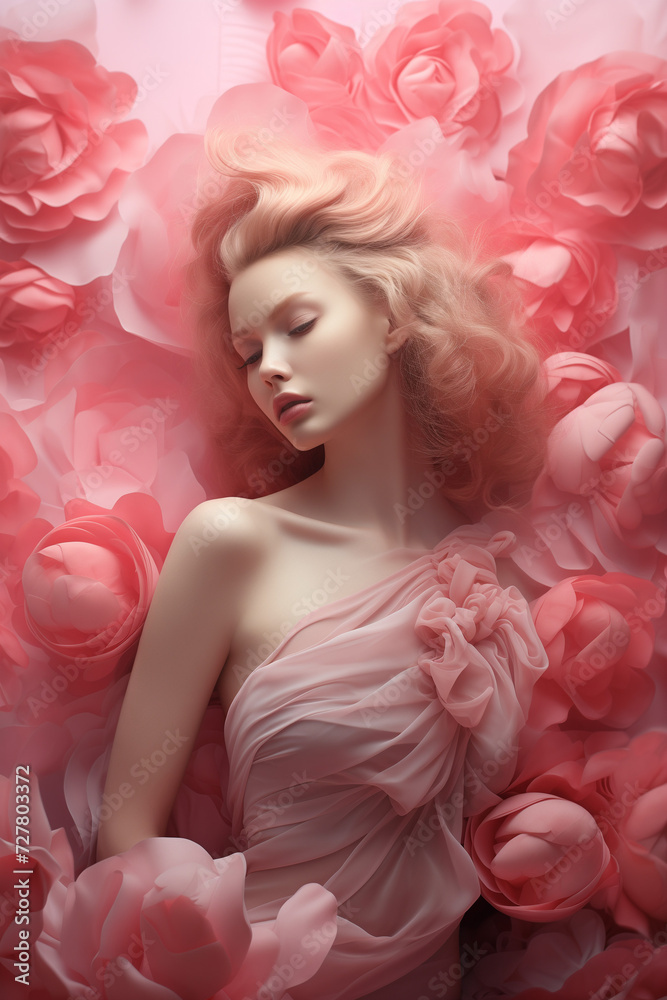 Portrait of woman with pink roses. Valentine's Day. Love concept.