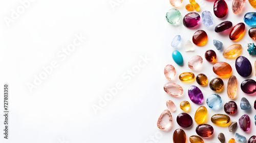 Colorful precious stones for jewelry on white background.