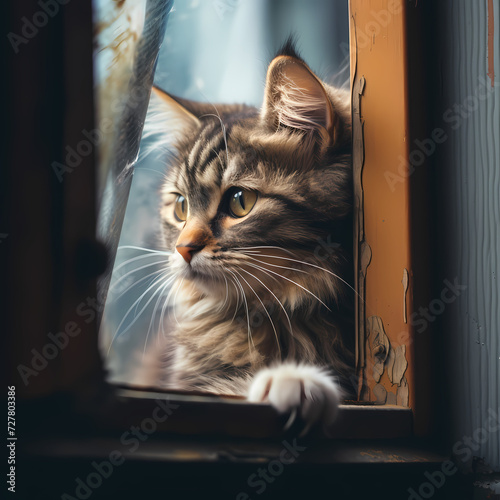 A curious cat peering through a window. © Cao