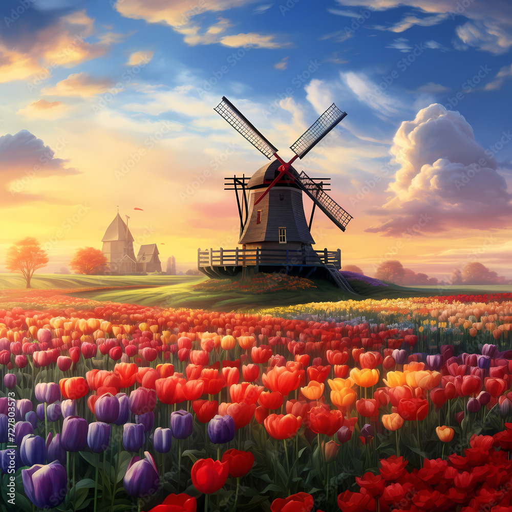 A field of tulips with a windmill in the background
