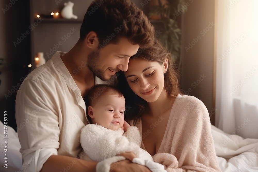 Family, parenthood and people concept. Happy young mother, father with new born baby at home