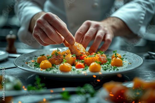 A close-up of a chef's hands meticulously preparing a dish, revealing the authenticity and passion behind culinary craftsmanship. Concept of genuine culinary artistry. Generative Ai.