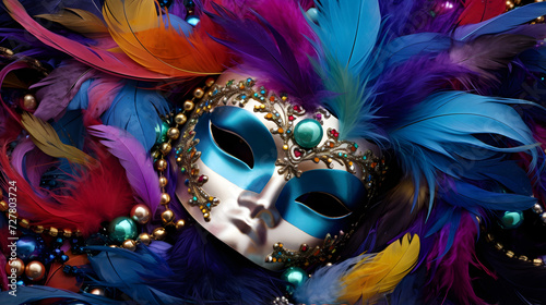 Colorful Mardi Gras beads, feathers, and carnival mask. © Bella