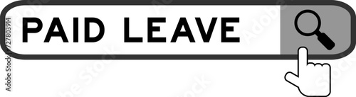 Search banner in word paid leave with hand over magnifier icon on white background