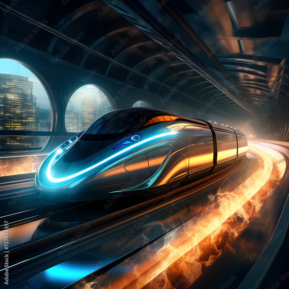 A futuristic train speeding through a tunnel.