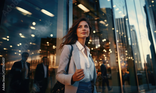 Successful businesswoman walking down the business centrum, reflective skyscrapers around.