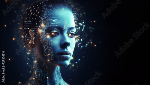 The face of an android woman, covered with microchips, against the background of IT equipment. An allegory of AI intelligence. A woman's face with a polygonal light. banner